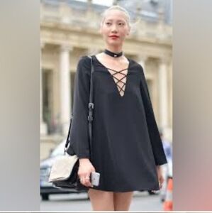 ASTR Women's Black Long Bell Sleeve Dress with Crisscross Neck Detail Size L